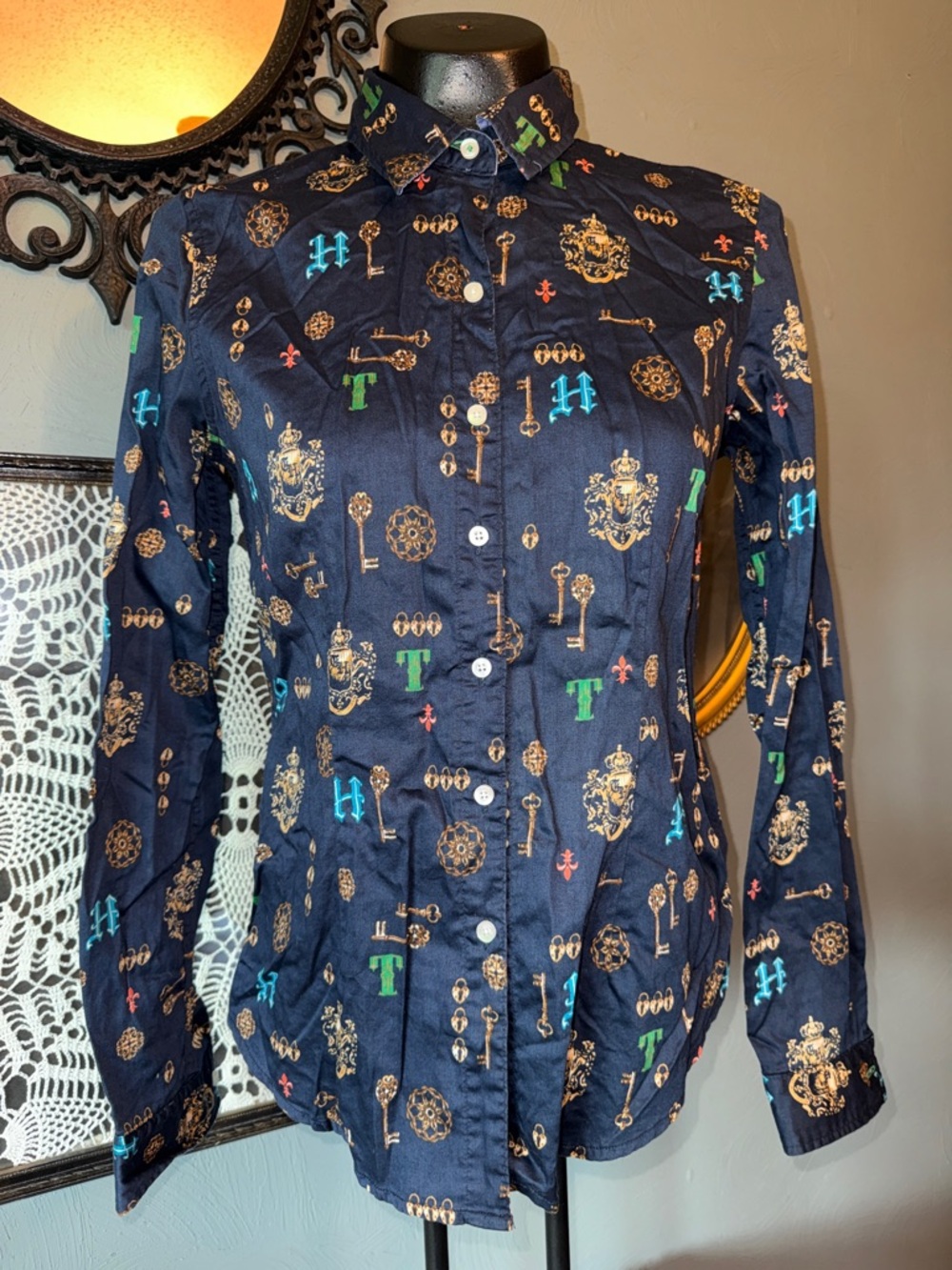 Navy Patterned Long-Sleeve Button-Up Shirt